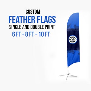 May include: A blue feather flag with a black and white geometric pattern. The flag is 6, 8, or 10 feet tall and has a white circle with the text "YOUR LOGO HERE" in black. CUSTOM FEATHER FLAGS SINGLE AND DOUBLE PRINT.