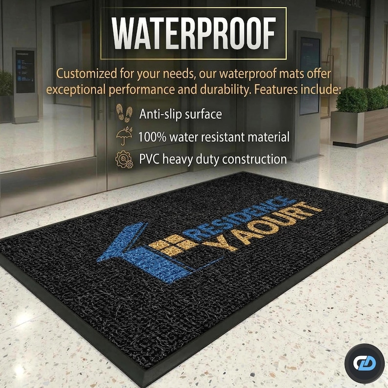 a black and blue mat with the text "PVYARD" printed on it, placed on a tiled floor.