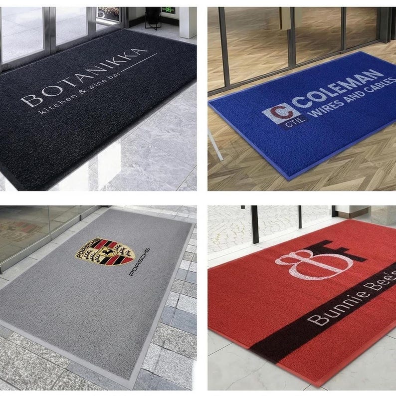 The image is a collage of four different area rugs, each with unique designs and logos.