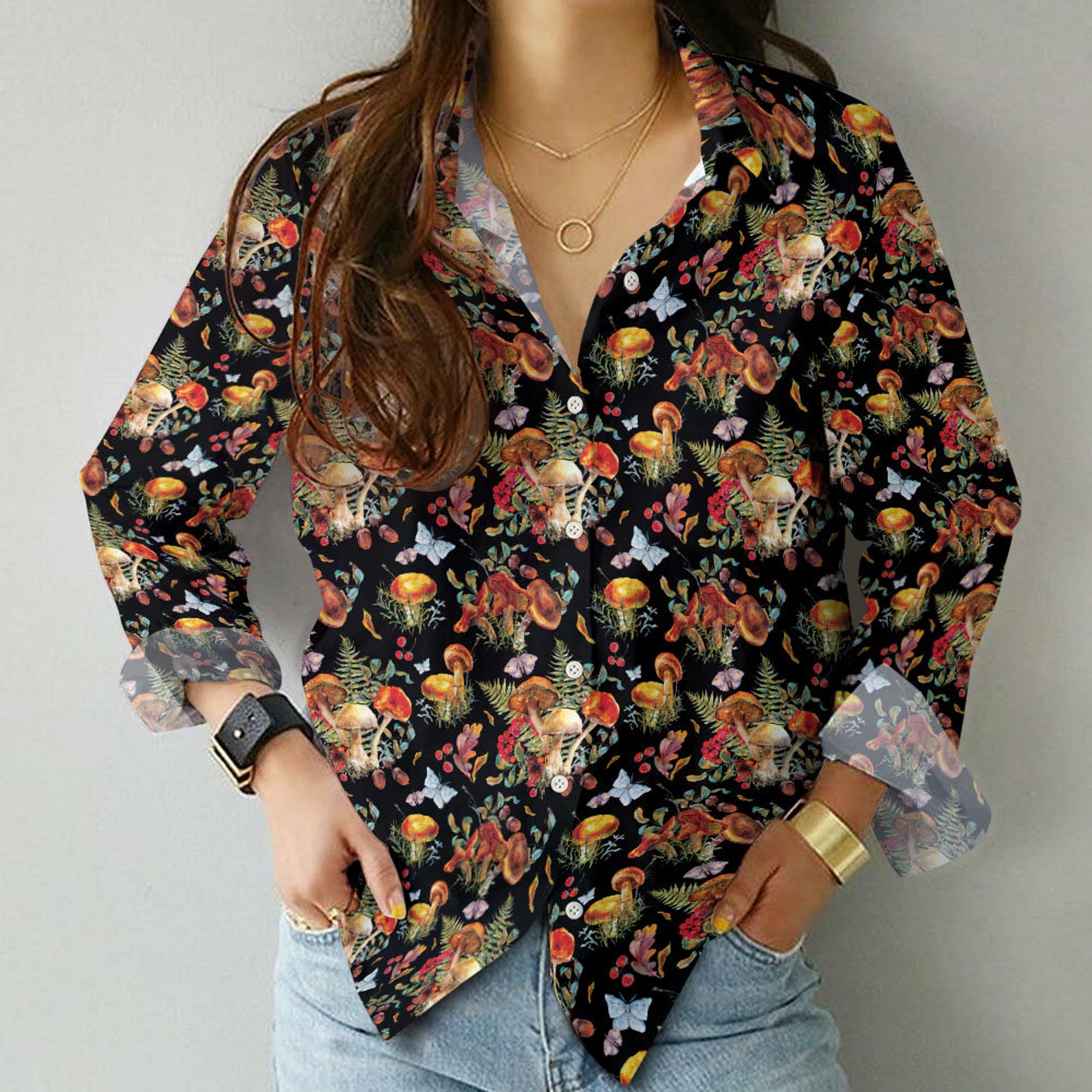 Mushroom Pattern Colorful Linen Shirt Women's Clothing Etsy