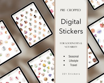 Könnte beinhalten: Ein Set mit 221 digitalen Stickern für Goodnotes und Notability. Die Sticker sind vorgefertigt und in drei Kategorien unterteilt: Saisonal, Lifestyle und Reisen. Die Sticker zeigen eine Vielzahl von Designs, darunter Illustrationen von Menschen, Tieren, Pflanzen und Objekten.
