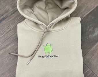Villain Era Vibes- Comfy Cute Frog Embroidered hoodie, Funny Embroidered sweatshirt, Retro frog Hooded Sweatshirt. Y2k hoodie unisex