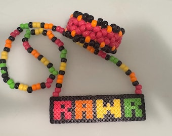 RAWR Perler Necklace + Single X-Base Cuff Bracelet Rave Kandi EDM Handmade