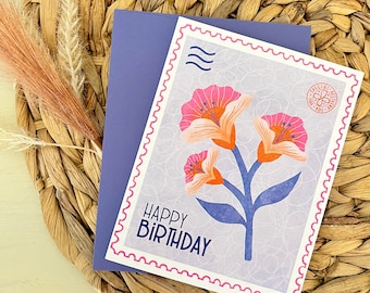 Poppy Stamp Birthday Card | Boho | Aesthetic | Birthday | Floral | Celebration | Greeting Card 4.25x5.5 in.