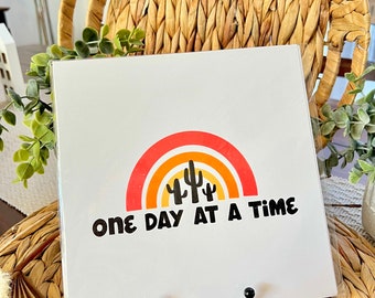 One Day At A Time 8x8 in. Print | Digital Print | Retro Art | Poster | Rainbow | Boho | Groovy | Cactus