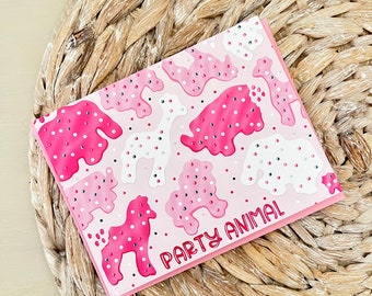 Party Animal Birthday Card | Cute | Pink | Aesthetic | Funny | Gift for Her | Greeting Card | Frosted Animal Crackers 4.25x5.5 in.