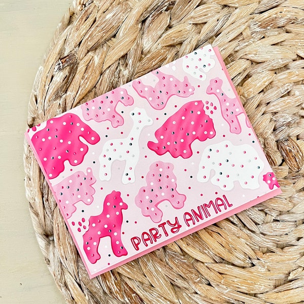 Party Animal Birthday Card | Cute | Pink | Aesthetic | Funny | Gift for Her | Greeting Card | Frosted Animal Crackers 4.25x5.5 in.