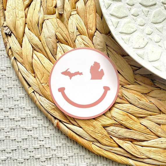 Michigan Pink Smiley Face Sticker | Retro | Boho Aesthetic | Vinyl | Michigander | Detroit | Water Bottle Sticker | Die Cut | 3x3 in.