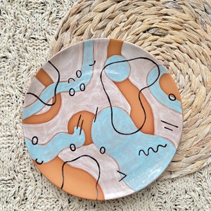 Mid Century Modern Dahlia Terra Cotta Hand Painted Ceramic Plate Boho Ceramics Decorative Tray Desert Boho Centerpiece Art Plate image 1