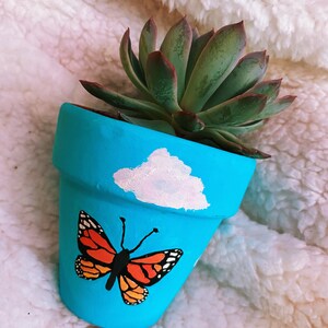 May include: A blue terracotta pot with a white cloud and a painted orange butterfly. The pot is filled with a green succulent plant.