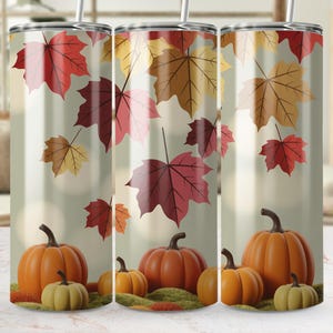 Autumn Leaves Tumbler Wrap, Pumpkin Sublimation Designs, Fall Tumbler Design, Thanksgiving Tumbler Wrap, 20oz Skinny Tumbler PNG