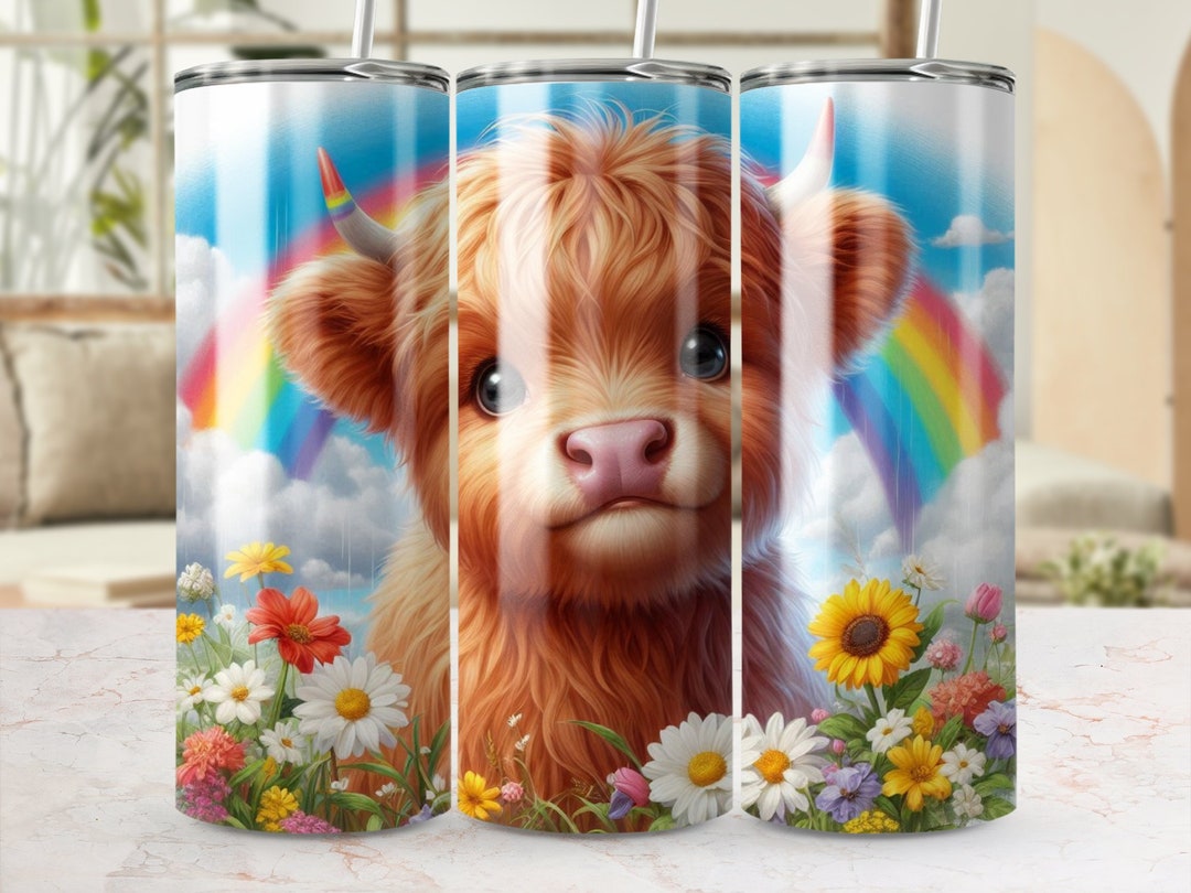 Cute Highland Cow With Rainbow Tumbler Wrap, 20oz Skinny Tumbler PNG ...