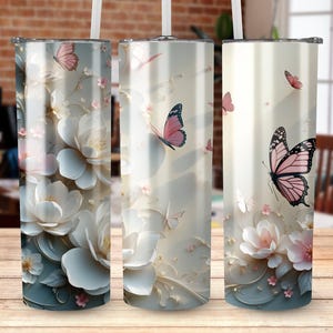 Pink 3D Butterfly Tumbler Wrap Design, Floral Tumbler PNG, DIY 20oz Skinny Tumbler, Digital Download, Straight and Tapered, Commercial Use