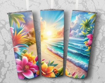 Tropical Beach Sunset Tumbler PNG, 20 oz Skinny Tumbler Wraps, Hibiscus Sun Instant Digital Downloads, Commercial Use, Paradise Summer Vibes