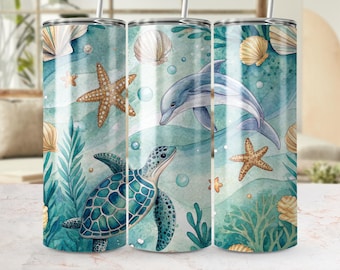 Seamless Pattern Sea Turtle Digital Design, Dolphin Under the Sea Tumbler Wrap, Watercolor Ocean PNG Digital File Download, Art for Crafting