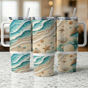 May include: Three stainless steel tumblers with lids and handles. Each tumbler features a different design of ocean waves crashing on a sandy beach with seashells and starfish.