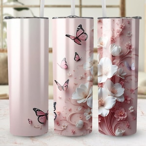 Butterfly Tumbler Wrap, Floral Tumbler, 20oz Skinny Tumbler Design, Pink Flowers, Digital Download, Straight Tapered PNG, Commercial Use