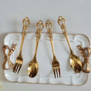 Luxury stainless Steel 4 piece spoon and fork set, Serveware sets, Pretty Cutlery, Gifts, Teachers Gifts, antique gold cutlery set