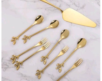 Stainless Steel Gold Cake Slice with 4 forks  4 Leaf Design Spoons Tea Spoons/Cutlery Set/Gold Cake Slice/ Gold Teaspoons/Desert Spoons/