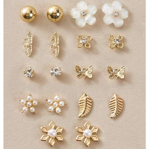 9 pairs flowers, hearts and rhinestone earings set stud earing set.