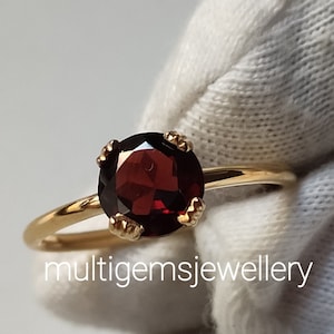 Red Garnet Ring in 925 Sterling Silver | Round Cut Gemstone Solitaire Ring | Engagement, Promise & Anniversary Ring | Handmade Gift for Her