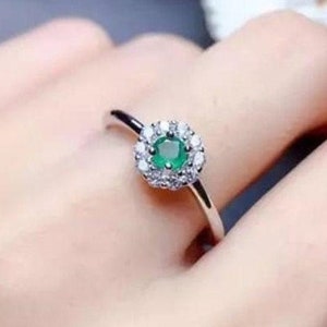 Emerald Silver Ring, 925 Sterling Silver Ring, May Birthstone Ring, Round Gemstone Ring, Wedding Ring, Gift For Her, Anniversary Ring