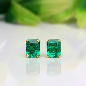 Pendientes de botón de esmeralda, gema verde octogonal, plata de ley 925