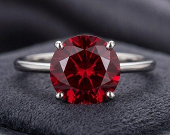 Red Garnet Ring: Round Solitaire, 925 Sterling Silver