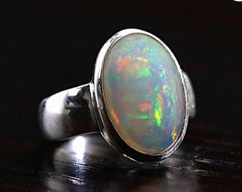 Natural Opal Multi Fire Silver Ring , 925 Sterling Silver Ring , Cabochon Gemstone Ring , Anniversary Gift For Her , Engagement Ring ,