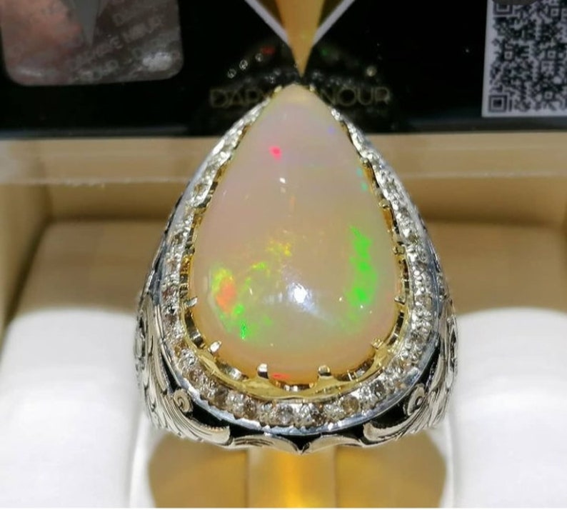 Opal Silver Ring 925 Sterling Silver Ring Pear Cabochon Ring Multi Fire Gemstone Ring Solid Silver Ring Opal Multi Fire Boy/'s Ring