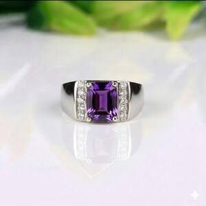 NATURAL Amethyst Men's Ring, Octagon Gemstone, 925 Sterling Silver, February Birthstone