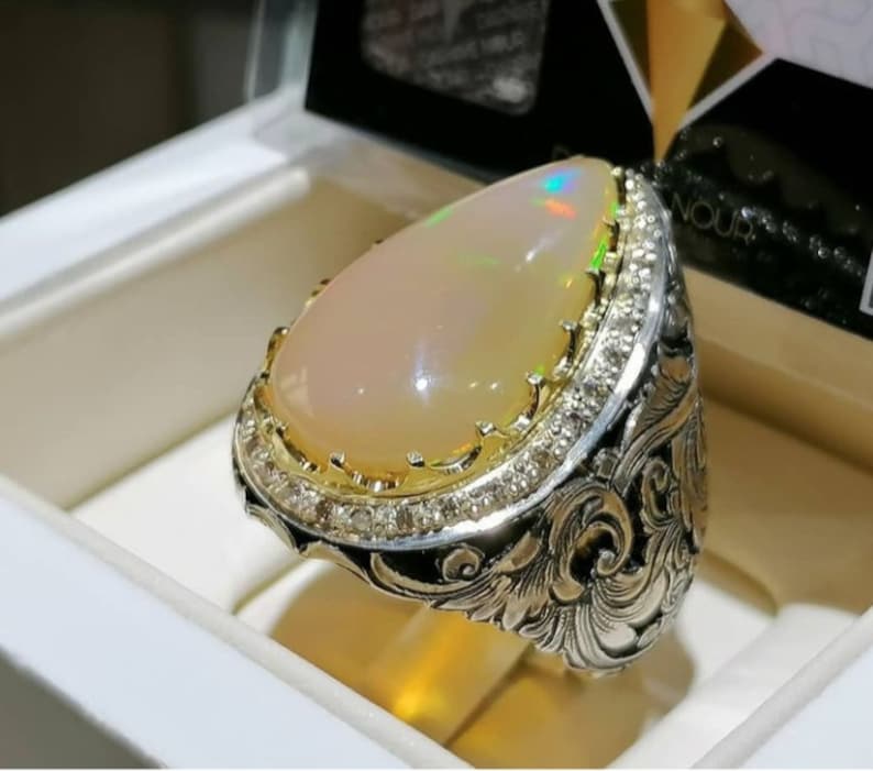 Opal Silver Ring 925 Sterling Silver Ring Pear Cabochon Ring Multi Fire Gemstone Ring Solid Silver Ring Opal Multi Fire Boy/'s Ring