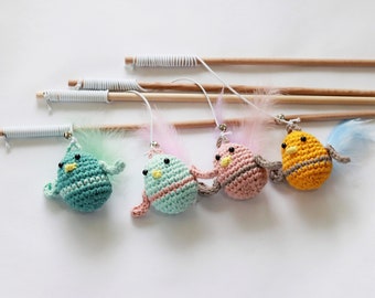 Crochet Bird Teaser Toy | Handmade Bouncy Cat Toy with Wand Feathers and Bell