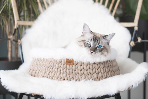 Handmade Chunky Cotton Yarn Cat Bed Crochet Fluffy Cat Basket Cozy Natural Cat Bed Handmade Chunky Cotton Yarn Cat Bed Crochet Fluffy Cat Basket Cozy Natural Cat Bed