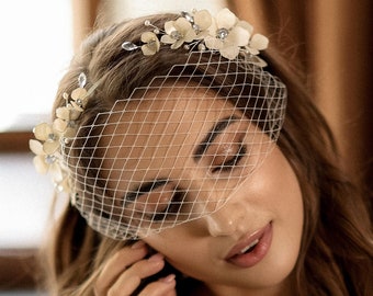 Wedding Birdcage veil with ivory flowers, Headband Birdcage veil
