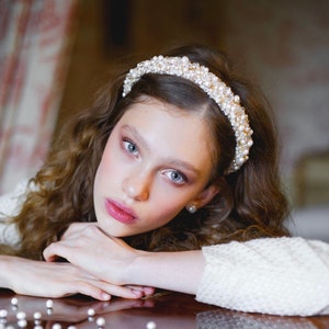 Pearl embellished wedding headband gold, Wedding crown with Pearl and crystals, wedding tiara, wedding crown, white headband, wide headband