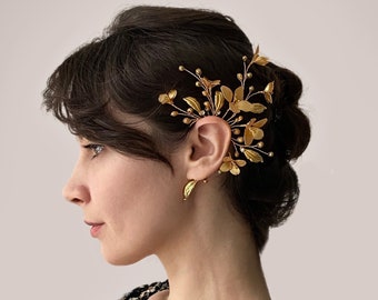 Manchette d'oreille de mariage, manchettes d'oreille pour la mariée, poignets faits main, manchettes d'oreille de mariée, manchettes de mariée elfiques, manchette d'oreille de fleur, grande manchette d'oreille d'or pour la mariée