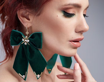 Big bow earrings, velvet earrings, green bow earrings, big creative earrings, big green earrings, textile earrings, christmas earrings