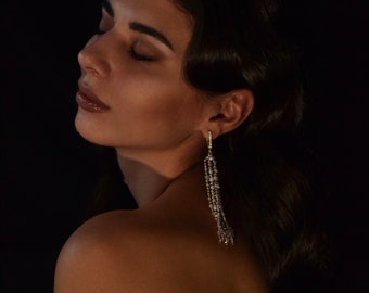 Elegant long silver earrings, Long ear threader chain earrings, Sparkling tassel drop earrings, Glitter earrings, crystal fringe  earrings