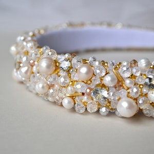 Pearl embellished wedding headband gold, Wedding crown with Pearl and crystals, wedding tiara, wedding crown, white headband, wide headband image 2