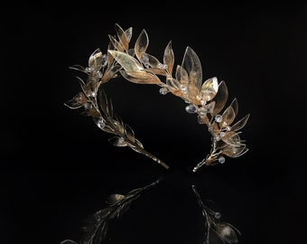 Couture Glas Krone imitieren, Brautkranz, High Fashion Kopfschmuck, griechischer Stil, Goldkrone, Hochzeit Haarschmuck, griechische Hochzeit