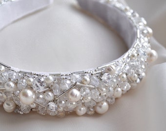 Pearl embellished wedding tiara, Wedding crown with Pearl and crystals, wedding tiara, wedding crown, big white headband, wide headband