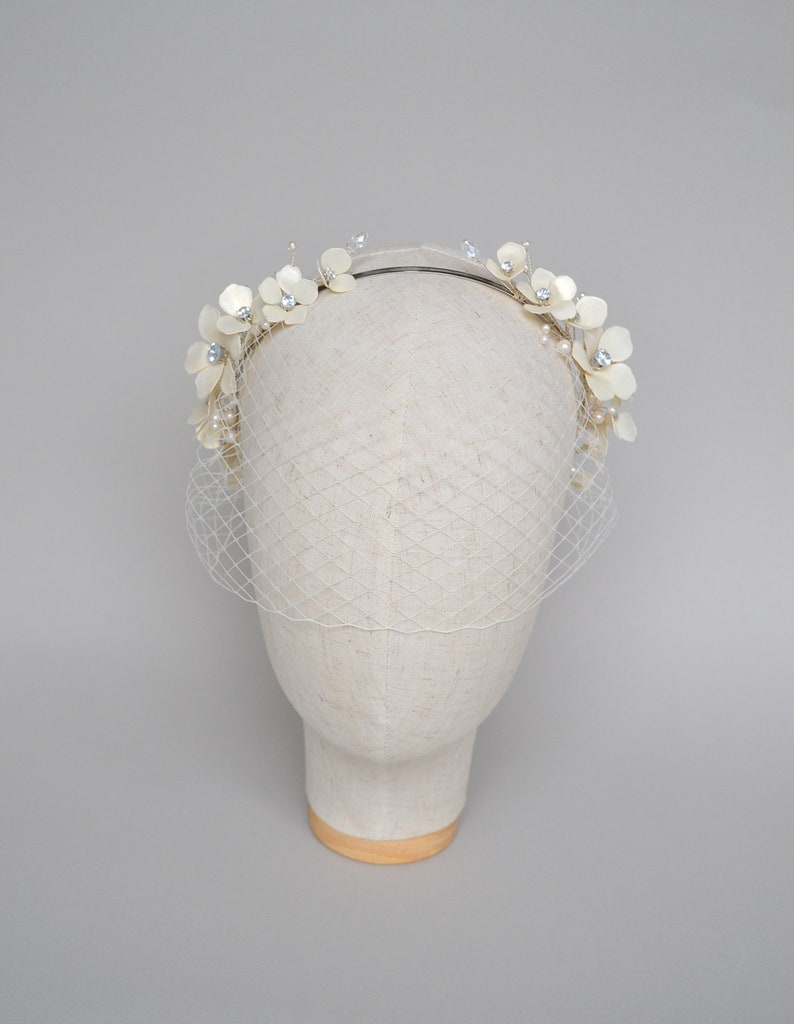 Wedding Birdcage veil with ivory flowers, Headband Birdcage veil image 3