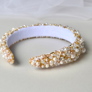 Pearl embellished wedding headband gold, Wedding crown with Pearl and crystals, wedding tiara, wedding crown, white headband, wide headband image 8