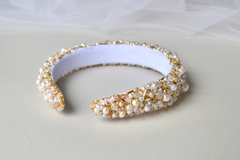 Pearl embellished wedding headband gold, Wedding crown with Pearl and crystals, wedding tiara, wedding crown, white headband, wide headband image 8