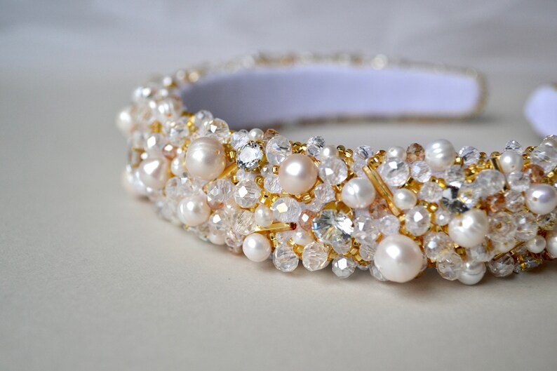 Pearl embellished wedding headband gold, Wedding crown with Pearl and crystals, wedding tiara, wedding crown, white headband, wide headband image 2