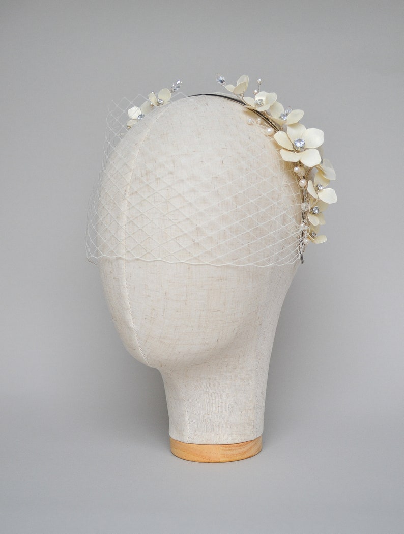 Wedding Birdcage veil with ivory flowers, Headband Birdcage veil image 5