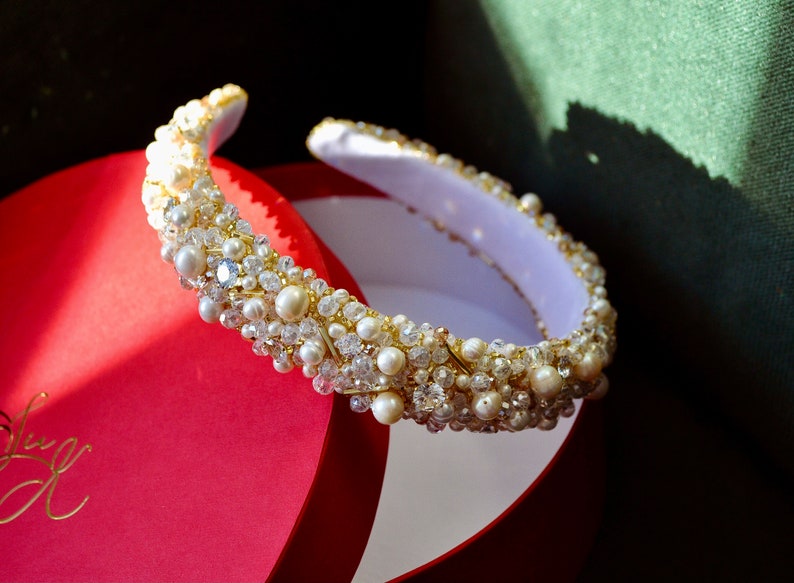 Pearl embellished wedding headband gold, Wedding crown with Pearl and crystals, wedding tiara, wedding crown, white headband, wide headband image 4