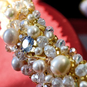 Pearl embellished wedding headband gold, Wedding crown with Pearl and crystals, wedding tiara, wedding crown, white headband, wide headband image 3