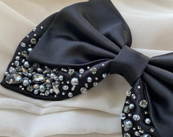 Black satin bow with rhinestones, black bow for hair, clamp bow, big hair bow, hair barrette bow black, hair bow black, hair accessories